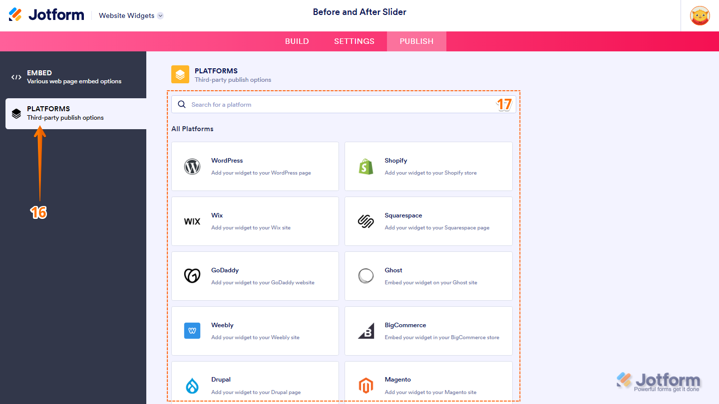 Jotform Embed page displaying the Platforms menu on the left and a list of supported website platforms on the right, with a Search bar for finding platform-specific embedding instructions for the Before and After Slider widget