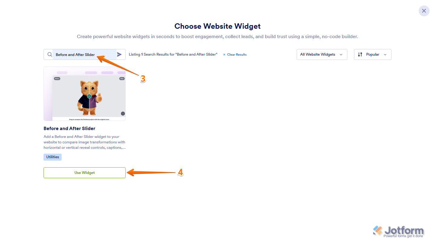 Jotform Choose Website Widget window with Before and After Slider entered in the search bar and the Use Widget button visible on the Before and After Slider widget card in the search results