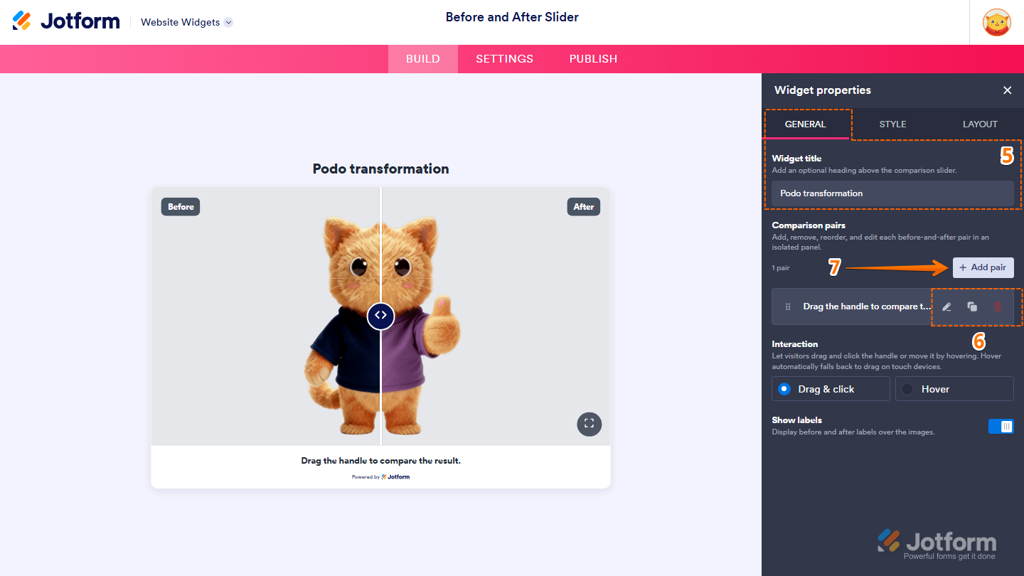 Jotform Website Widget Builder displaying the Widget Properties panel under the General tab with the Widget Title input field and the Comparison Pairs section, including action icons to edit, duplicate, or delete a comparison pair, and the Add Pair button