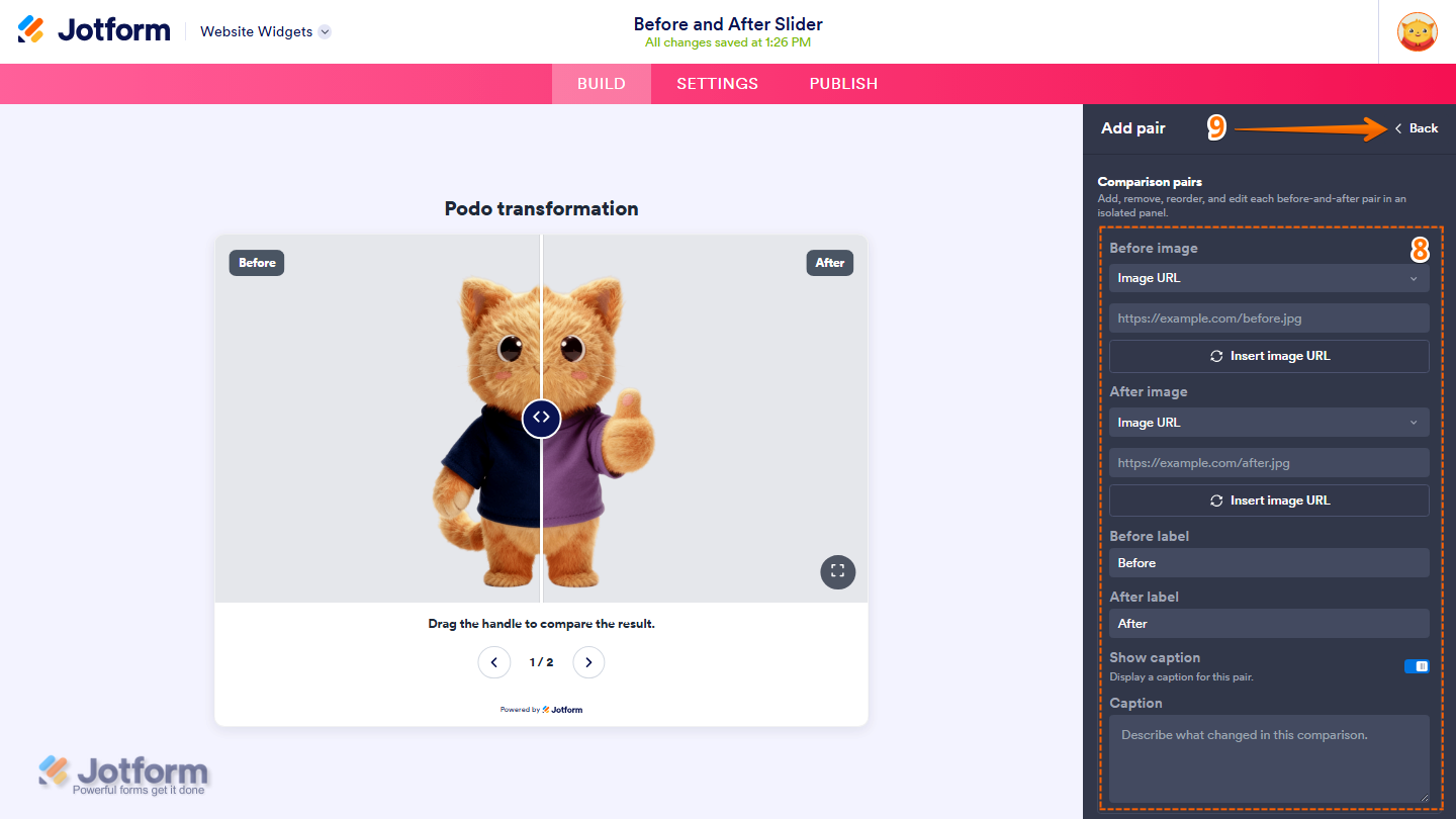 Jotform Website Widget Builder displaying the Add Pair menu with fields for Before Image, After Image, Before Label, After Label, Show Caption, and Caption, along with the Back button in the upper-right corner to return to the Widget Properties panel