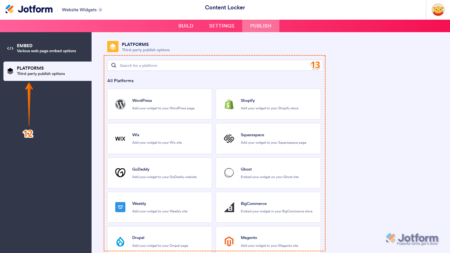 Jotform Embed page displaying the Platforms menu on the left and a list of supported website platforms on the right, with a Search bar for finding platform-specific embedding instructions for the Content Locker widget