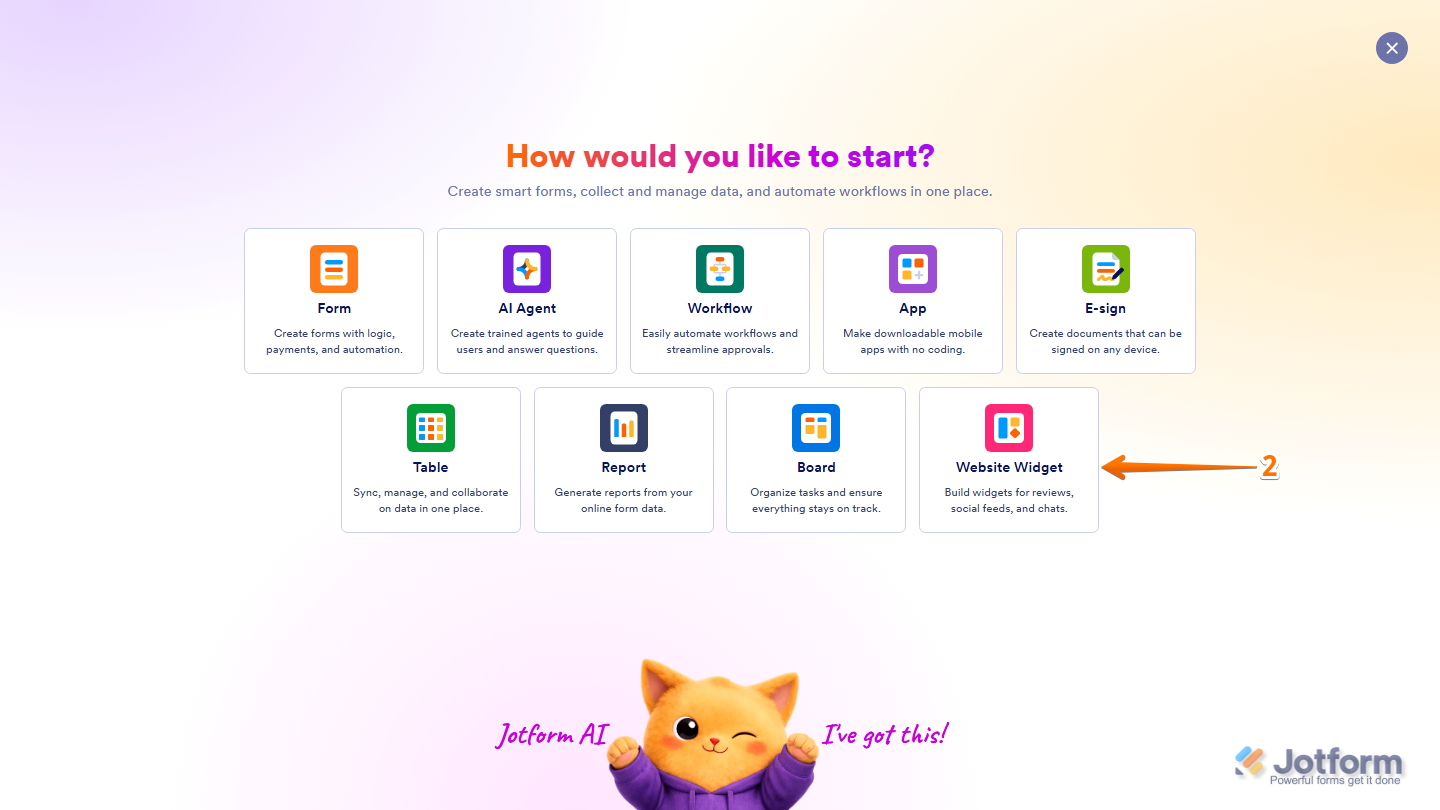 Jotform Create menu displaying the Website Widget option for creating a new website widget