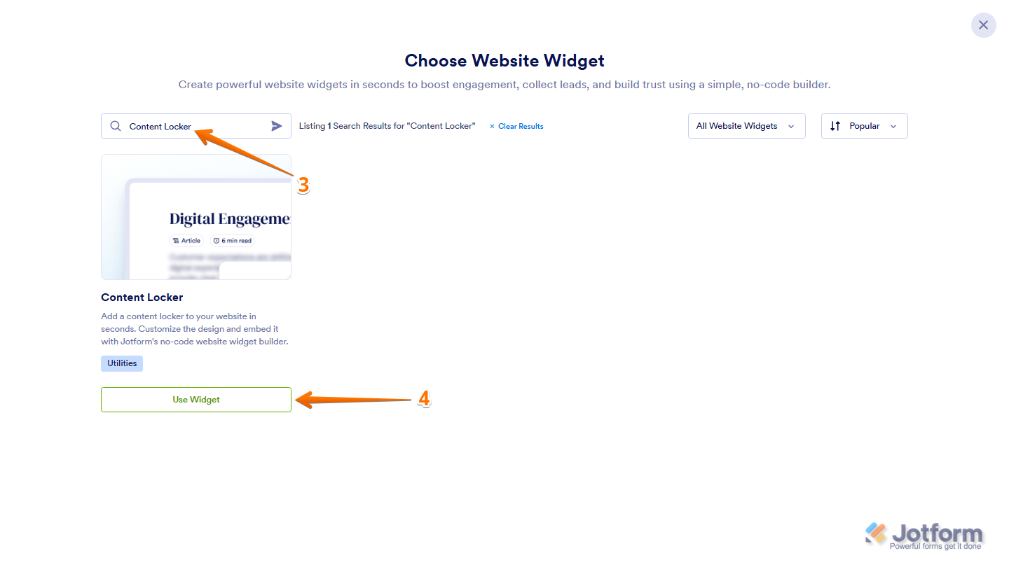 Jotform Choose Website Widget window with Content Locker entered in the search bar and the Use Widget button visible on the Content Locker widget card in the search results
