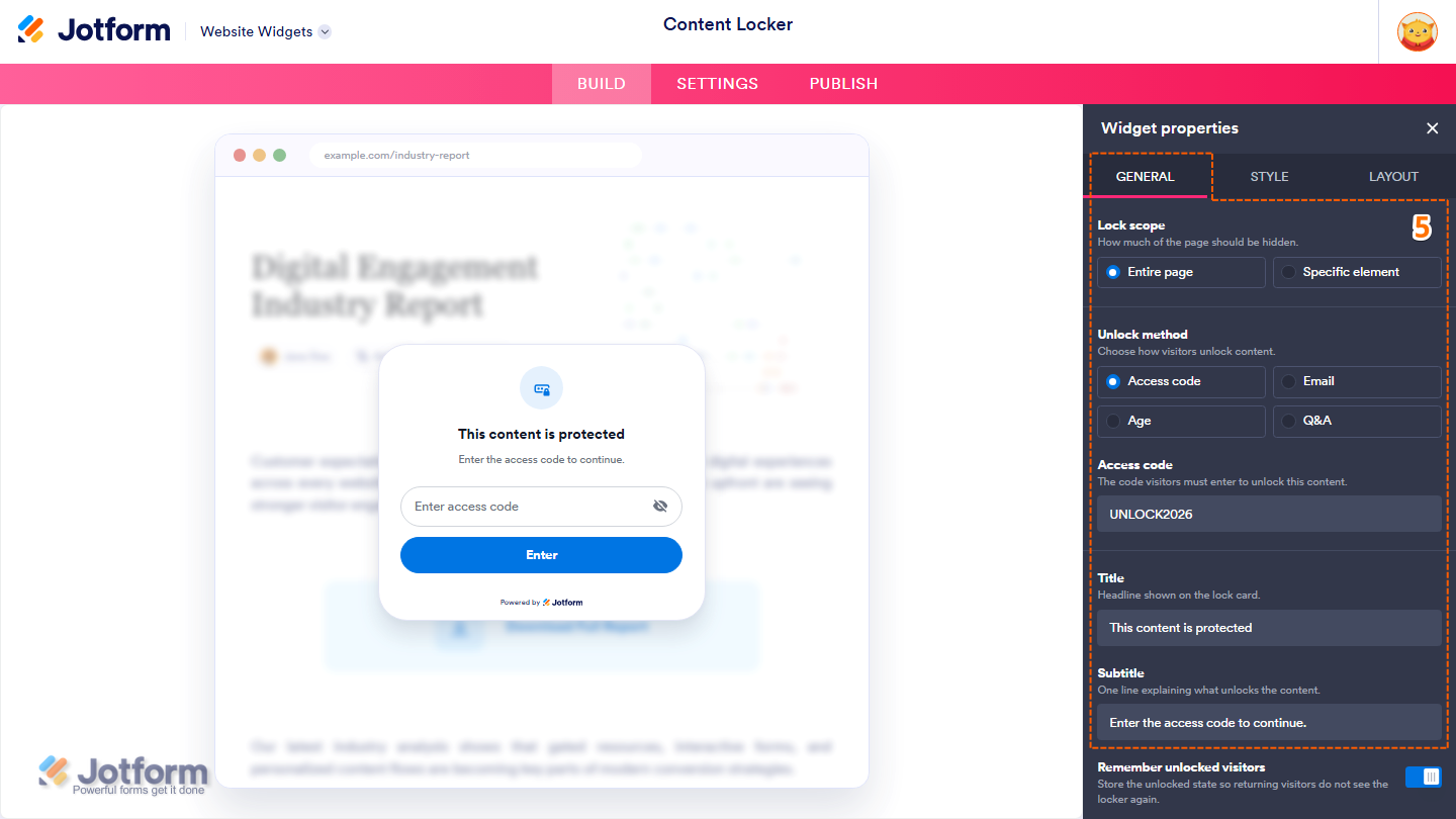 Jotform Website Widget Builder displaying the Widget Properties panel under the General tab with Lock Scope, Unlock Method, Access Code, Title, and Subtitle settings for configuring the Content Locker widget