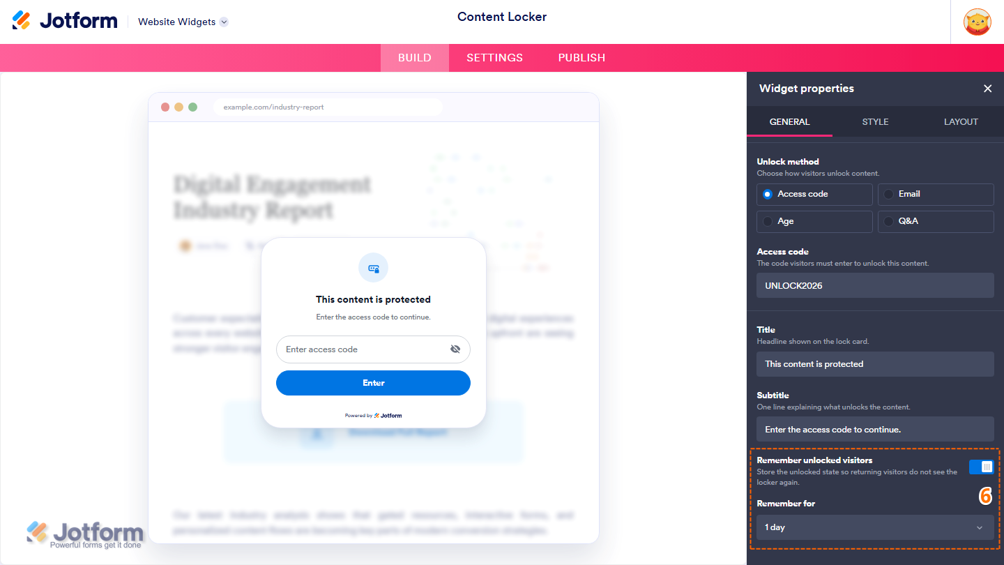 Jotform Website Widget Builder displaying the Widget Properties panel under the General tab with the Remember Unlocked Visitors toggle and Remember For dropdown for configuring visitor access to the Content Locker widget