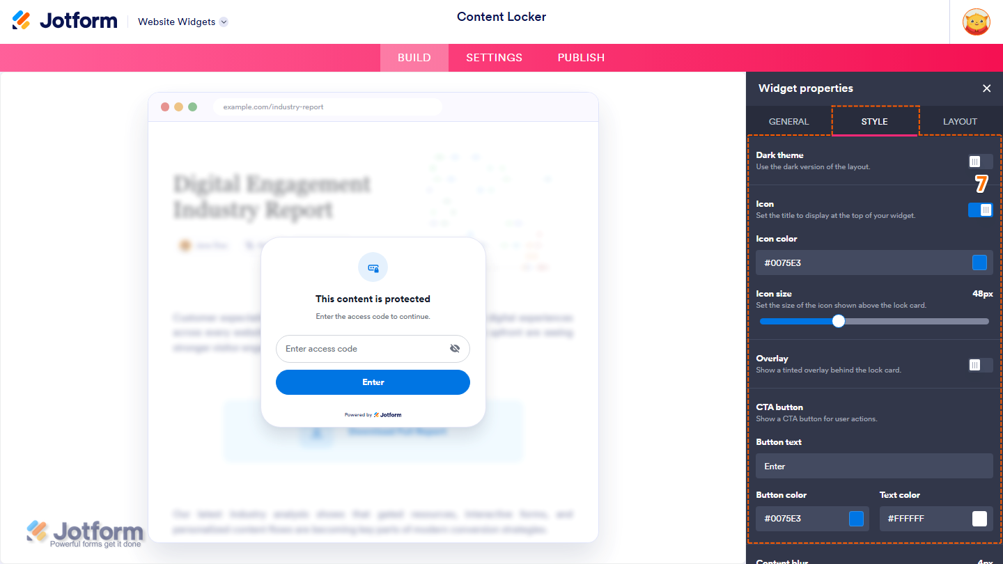 Jotform Website Widget Builder displaying the Widget Properties panel under the Style tab with Dark Theme, Icon, Icon Color, Icon Size, Overlay, CTA Button, Button Text, Button Color, and Text Color settings for customizing the Content Locker widget