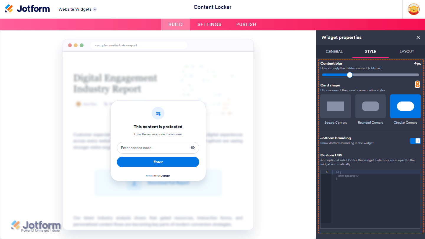 Jotform Website Widget Builder displaying the Widget Properties panel under the Style tab with Content Blur slider, Card Shape options, Jotform Branding toggle, and Custom CSS field for customizing the Content Locker widget