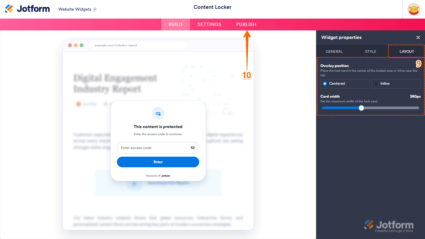 Jotform Website Widget Builder displaying the Widget Properties panel under the Layout tab with Overlay Position options and Card Width slider, and the Publish button visible in the pink navigation bar at the top of the page