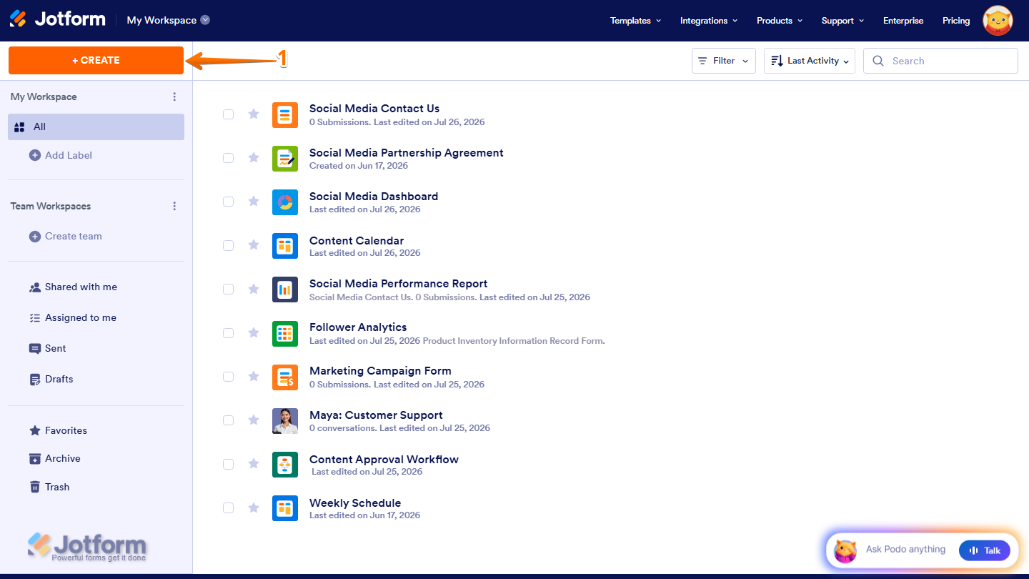 Jotform Workspace with the Create button highlighted in the top-left corner, used to create a new website widget