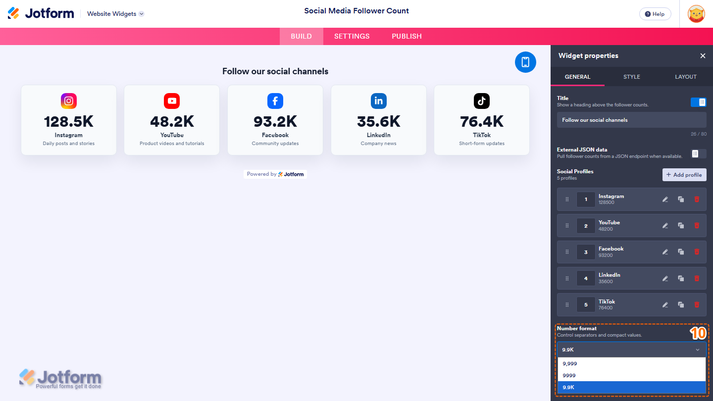 Jotform Website Widget Builder displaying the Widget Properties panel under the General tab with the Number Format section expanded and a Dropdown menu for selecting how follower counts are displayed in the Social Media Follower Counter widget