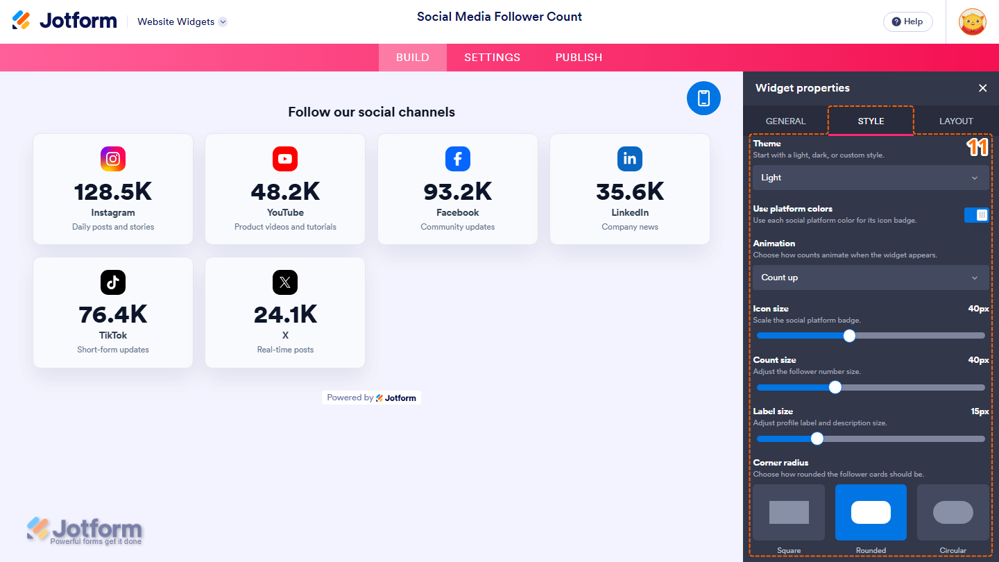 Jotform Website Widget Builder displaying the Widget Properties panel under the Style tab with Theme, Use Platform Colors, Animation, Icon Size, Count Size, Label Size, and Corner Radius settings for customizing the Social Media Follower Counter widget