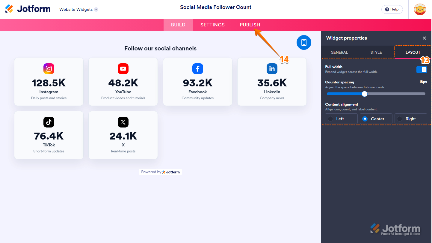 Jotform Website Widget Builder displaying the Widget Properties panel under the Layout tab with Full Width, Counter Spacing, and Content Alignment settings, and the Publish button visible in the pink navigation bar at the top of the page