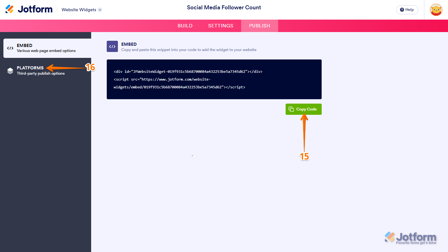 Jotform Embed section displaying the Copy Code button for copying the published Social Media Follower Counter widget embed code