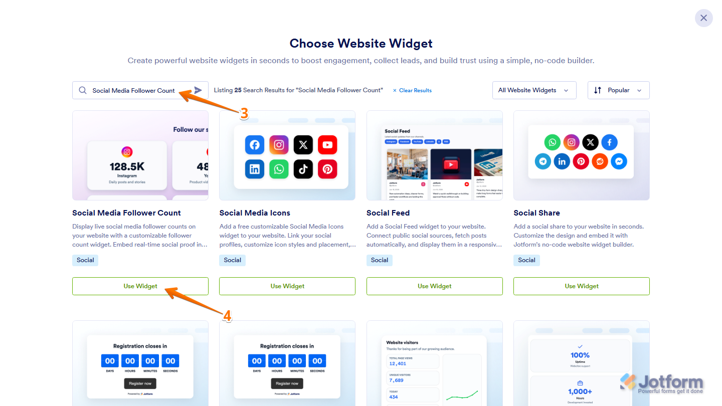 Jotform Choose Website Widget window with Social Media Follower Counter entered in the search bar and the Use Widget button visible on the Social Media Follower Counter widget card in the search results