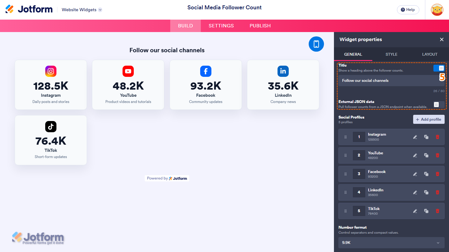 Jotform Website Widget Builder displaying the Widget Properties panel under the General tab with Title toggle and text field, and the External JSON Data toggle for configuring the Social Media Follower Counter widget