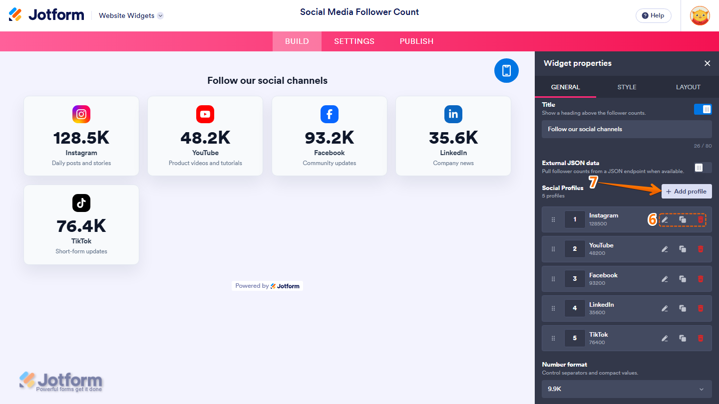 Jotform Website Widget Builder displaying the Widget Properties panel under the General tab with the Social Profiles section, including sample social profiles, Edit, Duplicate, and Delete action icons, and the Add Profile button for configuring the Social Media Follower Counter widget