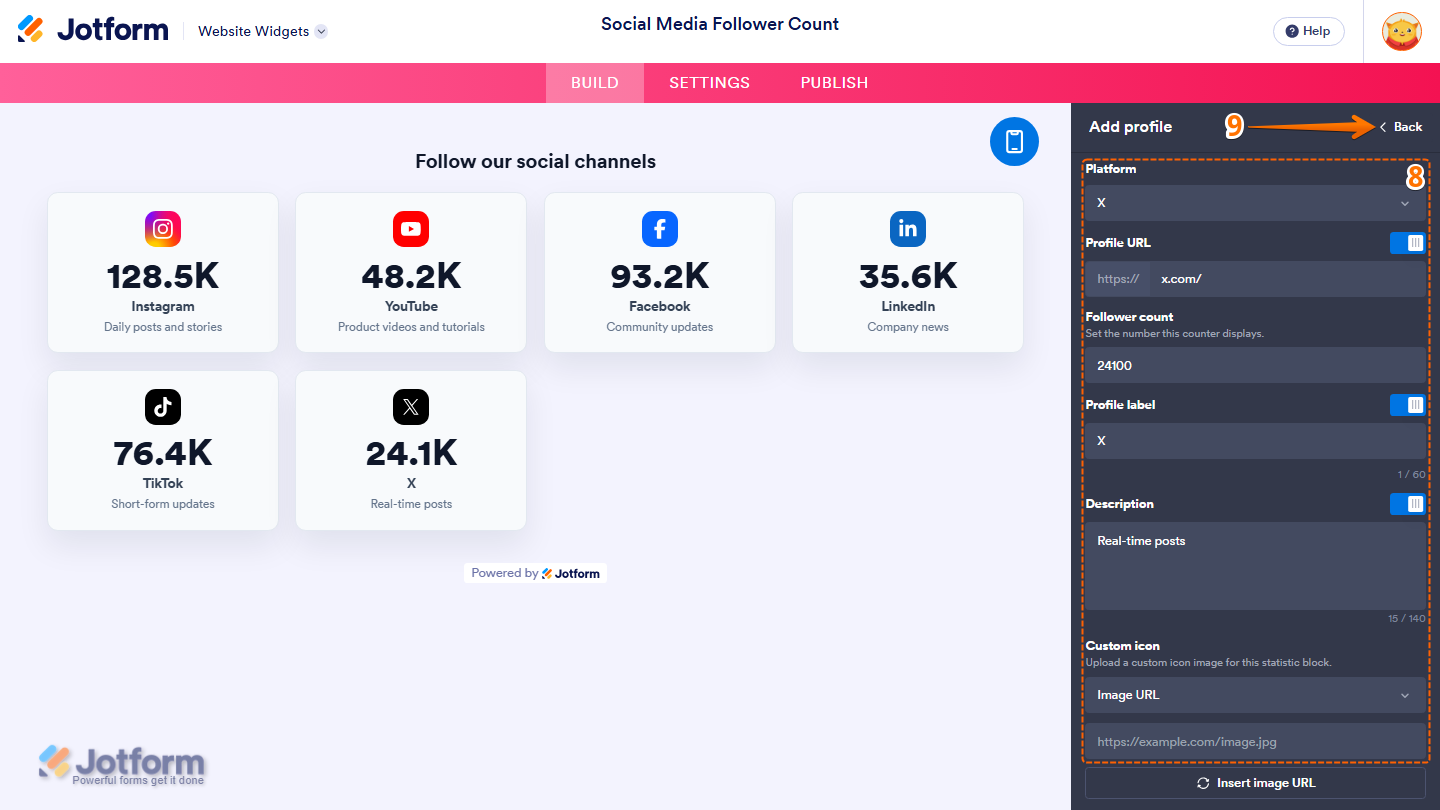 Jotform Website Widget Builder displaying the Add Profile panel with Platform dropdown, Profile URL, Follower Count, Profile Label, Description, Custom Icon settings, and the Back button for adding a social profile to the Social Media Follower Counter widget
