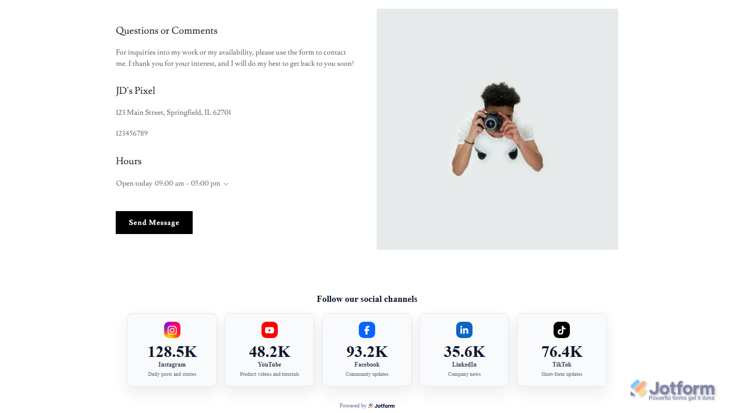 Embedded Social Media Follower Counter widget displayed on a website, showing the configured follower cards with the selected social media platforms, follower counts, labels, descriptions, and styling
