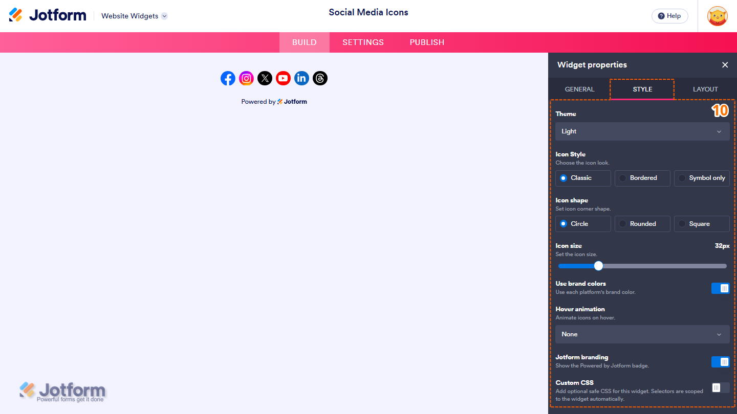 Jotform Website Widget Builder displaying the Widget Properties panel under the Style tab with Theme, Icon Style, Icon Shape, Icon Size, Use Brand Colors, Hover Animation, Jotform Branding, and Custom CSS settings for customizing the Social Media Icons widget