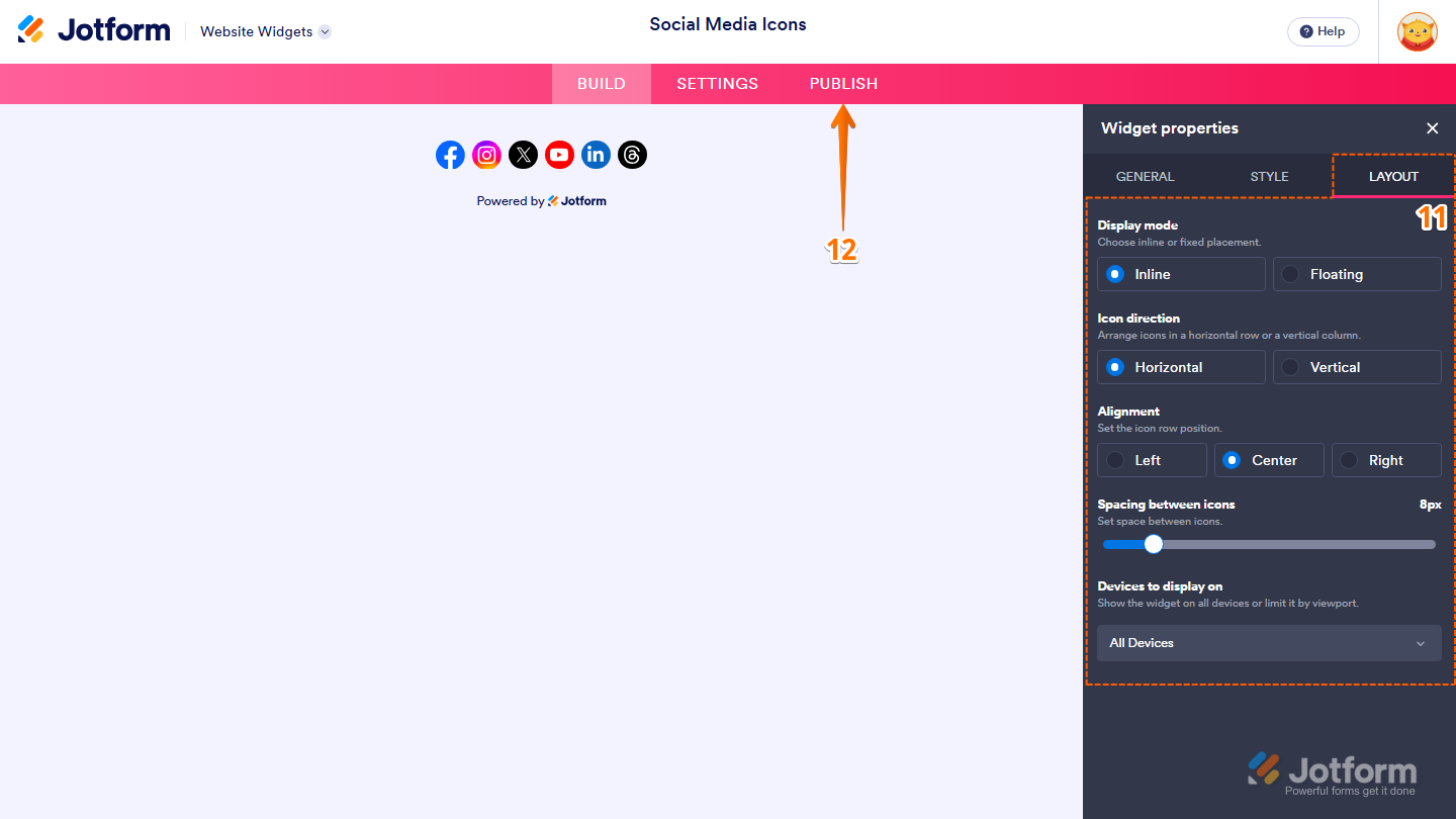 Jotform Website Widget Builder displaying the Widget Properties panel under the Layout tab with Display Mode, Icon Direction, Alignment, Spacing Between Icons, and Devices to Display On settings, and the Publish button visible in the pink navigation bar at the top of the page