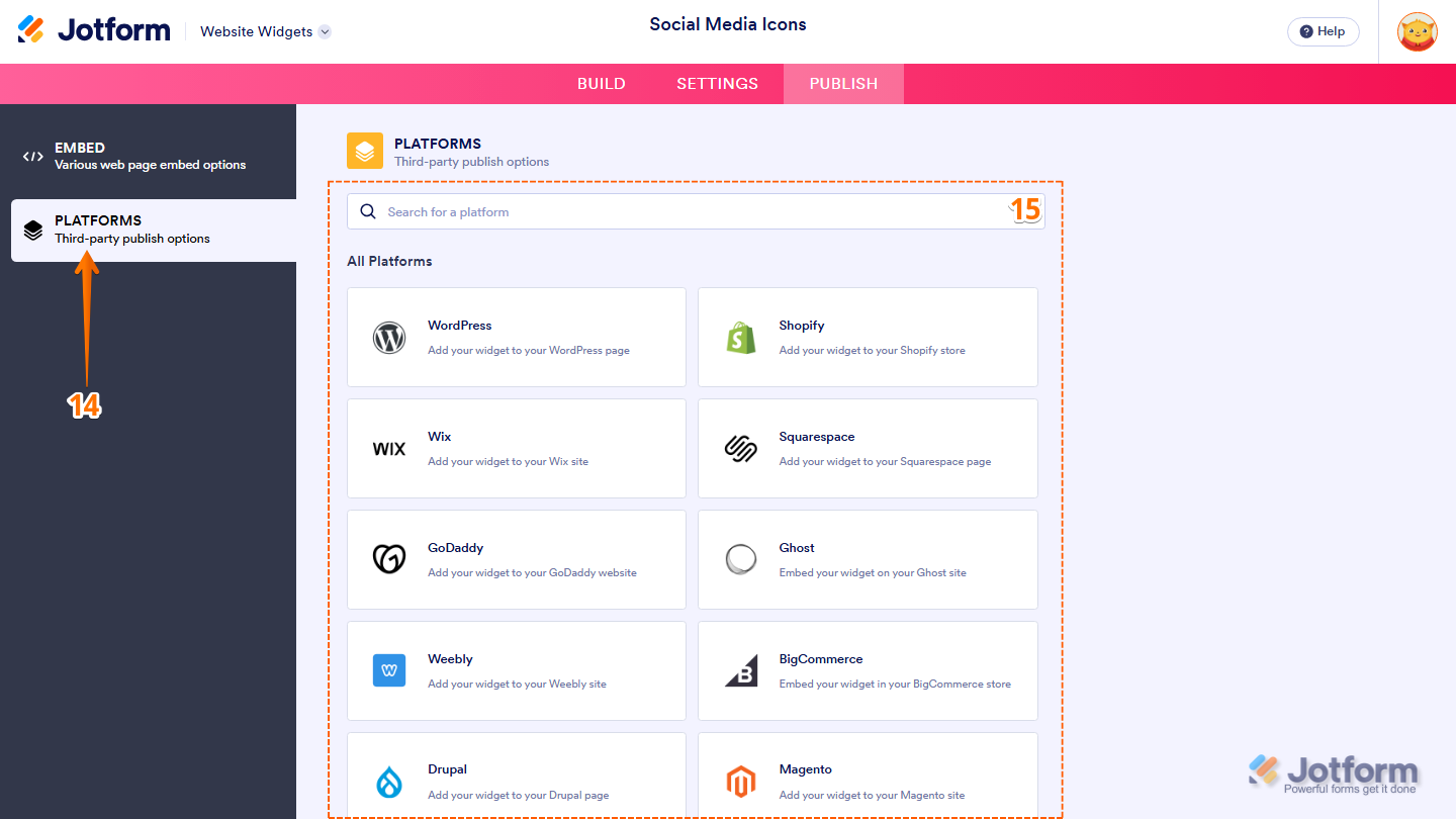 Jotform Embed page displaying the Platforms menu on the left and a list of supported website platforms on the right, with a Search bar for finding platform-specific embedding instructions for the Social Media Icons widget