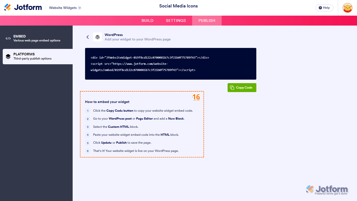 Jotform Embed page displaying the How to Embed Your Widget section with instructions for adding the Social Media Icons widget to a supported website platform