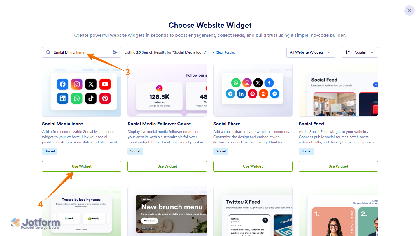 Jotform Choose Website Widget window with Social Media Icons entered in the search bar and the Use Widget button visible on the Social Media Icons widget card in the search results
