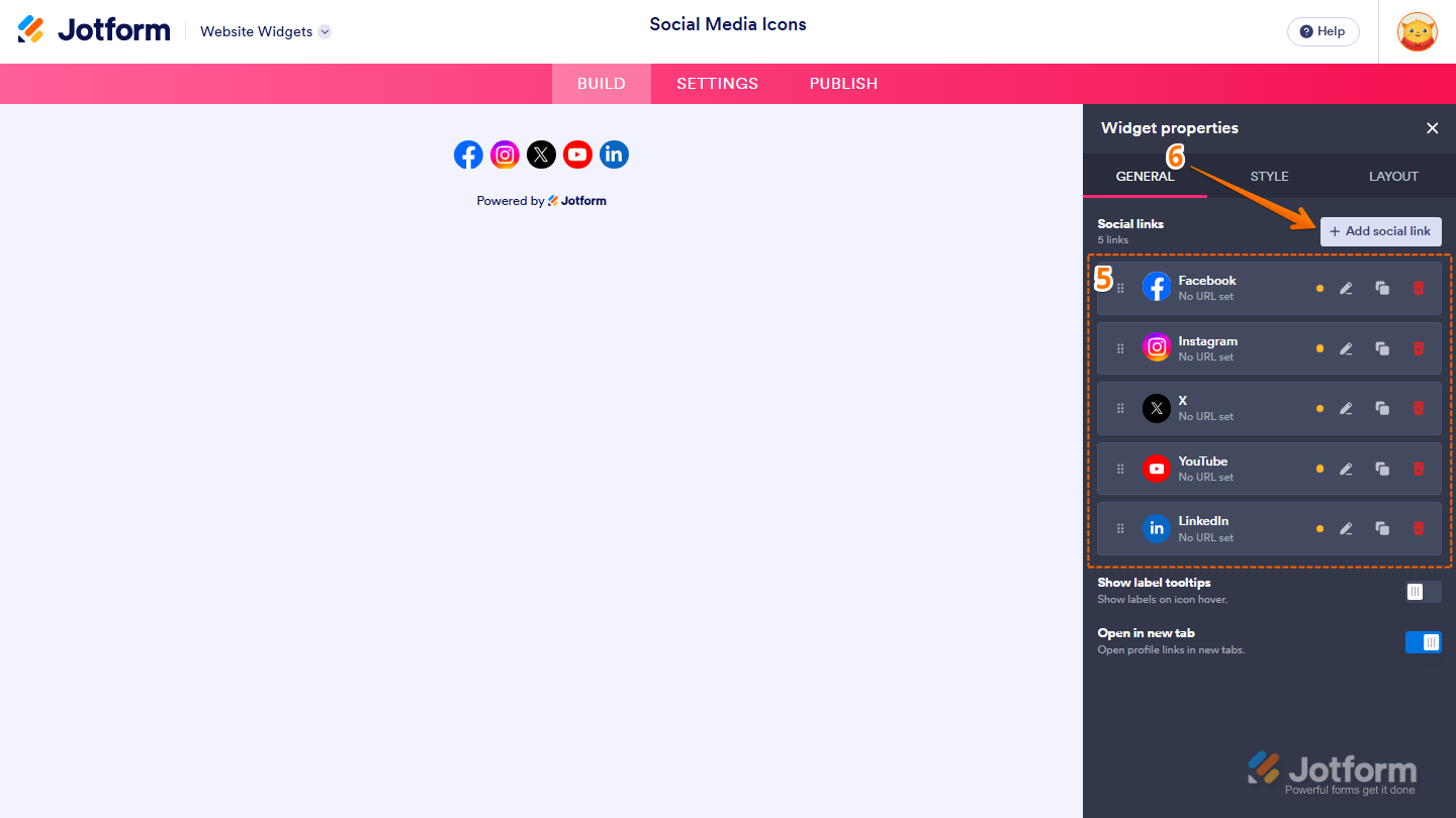 Jotform Website Widget Builder displaying the Widget Properties panel under the General tab with the Social Links section, including sample social links, Edit, Duplicate, and Delete action icons, and the Add Social Link button for configuring the Social Media Icons widget