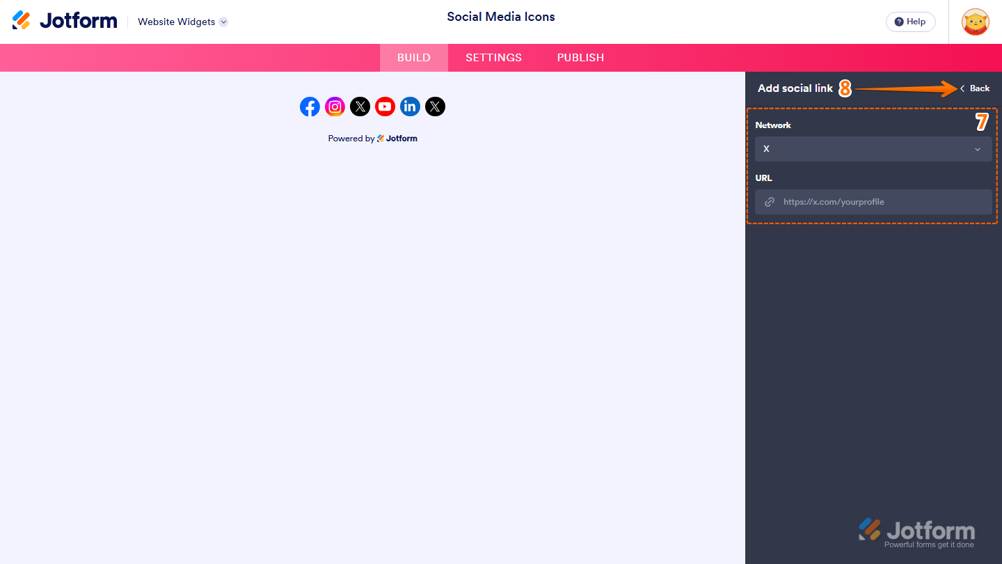 Jotform Website Widget Builder displaying the Add Social Link panel with Network dropdown, URL field, and the Back button for adding a social media link to the Social Media Icons widget