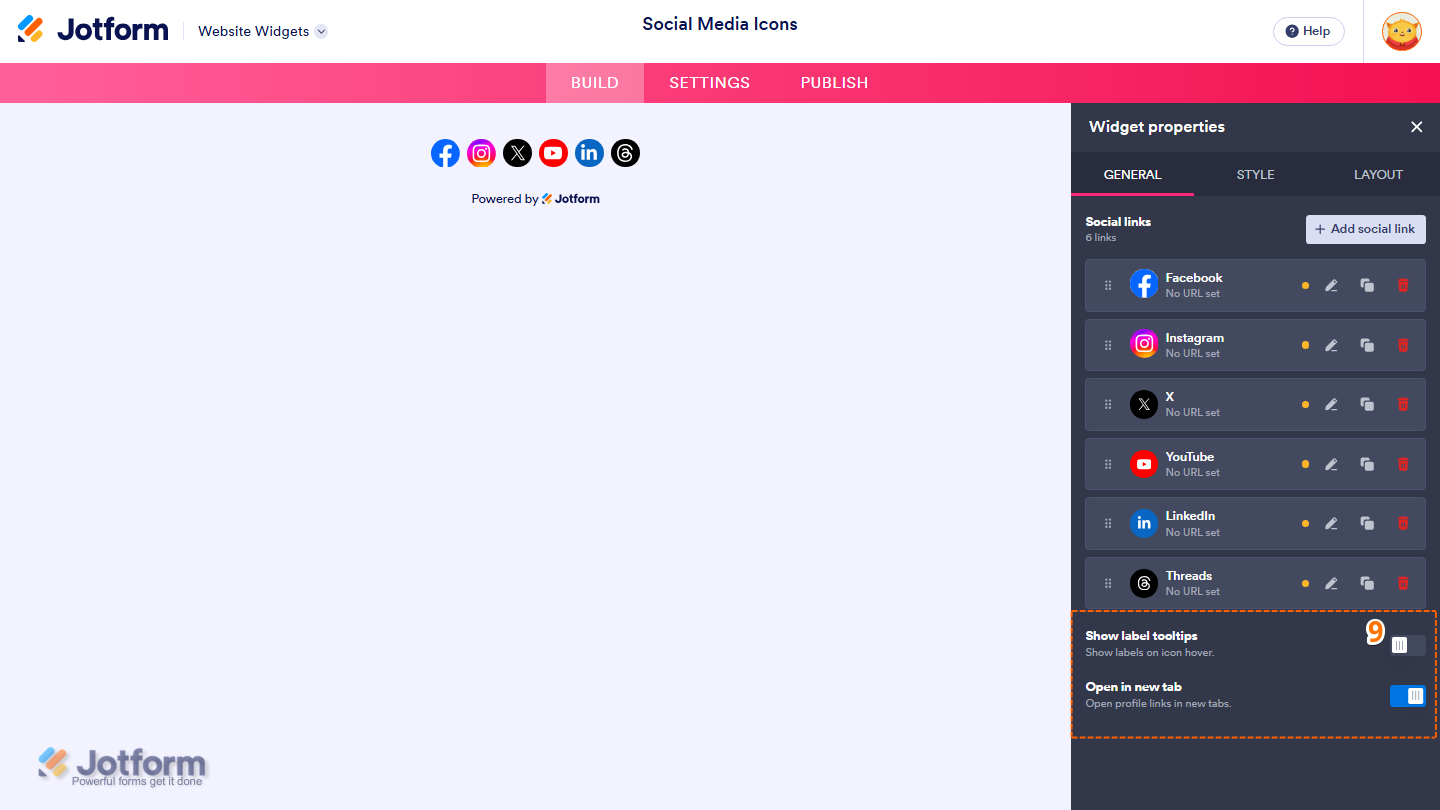 Jotform Website Widget Builder displaying the Widget Properties panel under the General tab with the Show Label Tooltips and Open in New Tab toggles for configuring the Social Media Icons widget