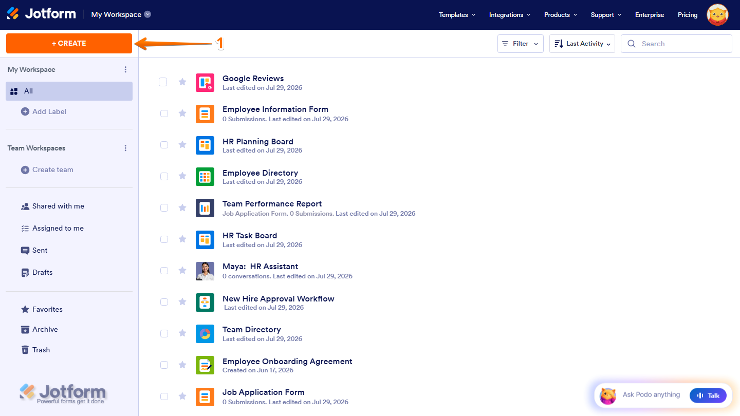 Jotform Workspace with the Create button highlighted in the top-left corner, used to create a new website widget