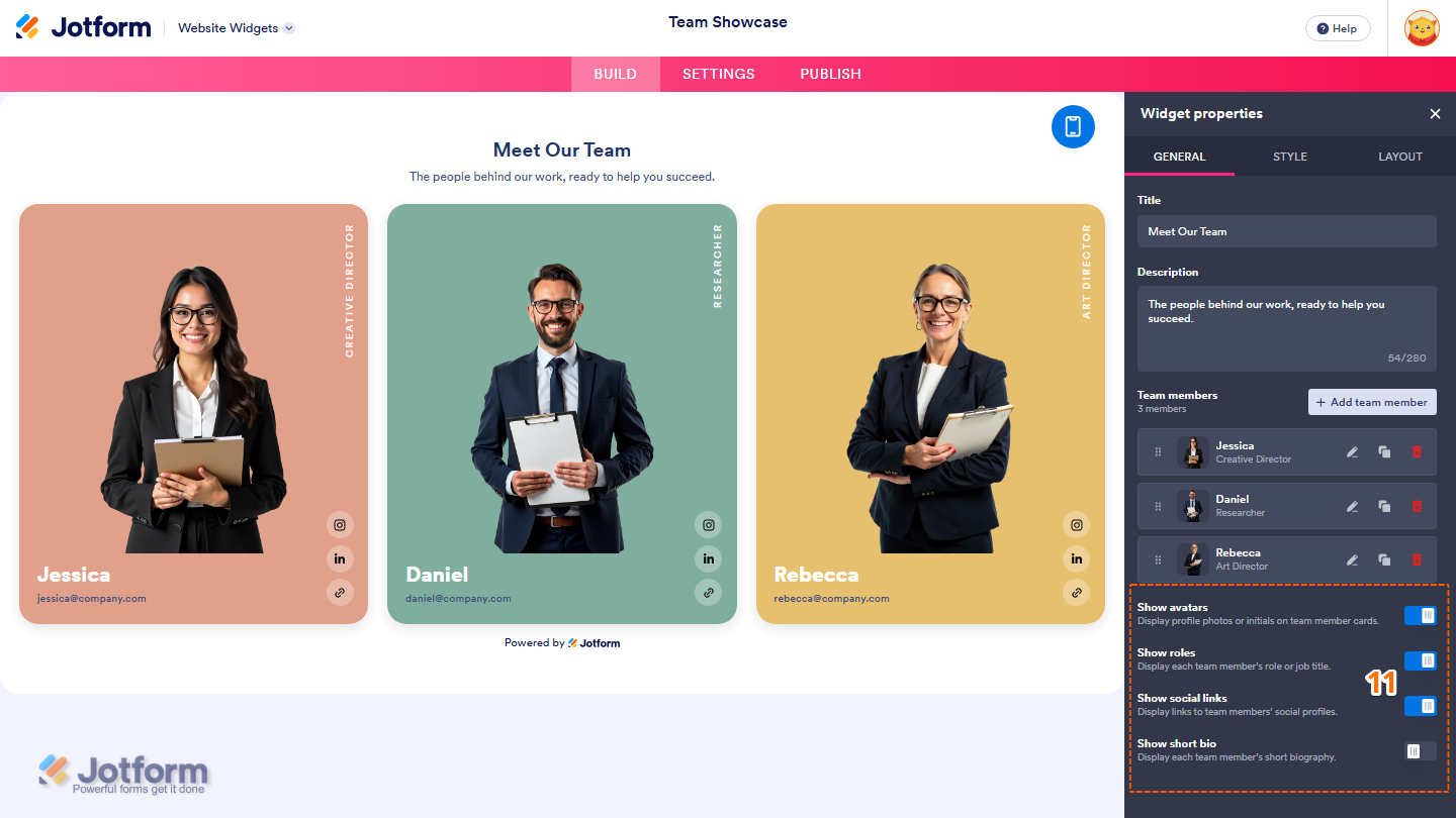 Jotform Website Widget Builder displaying the Widget Properties panel under the General tab with Show Avatars, Show Roles, Show Social Links, and Show Short Bio toggles for configuring the Team Showcase widget