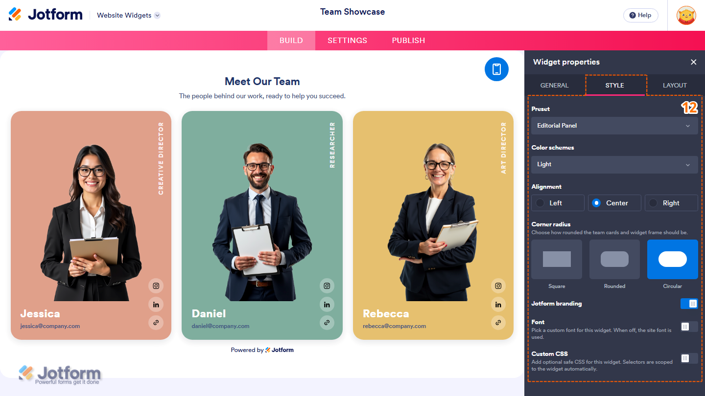 Jotform Website Widget Builder displaying the Widget Properties panel under the Style tab with Preset, Color Schemes, Alignment, Corner Radius, Jotform Branding, Font, and Custom CSS settings for customizing the Team Showcase widget