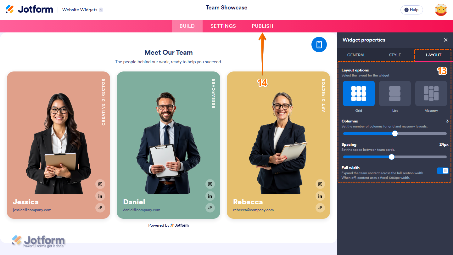 Jotform Website Widget Builder displaying the Widget Properties panel under the Layout tab with Layout Options, Columns, Spacing, and Full Width settings for the Team Showcase widget, and the Publish button visible in the pink navigation bar at the top of the page