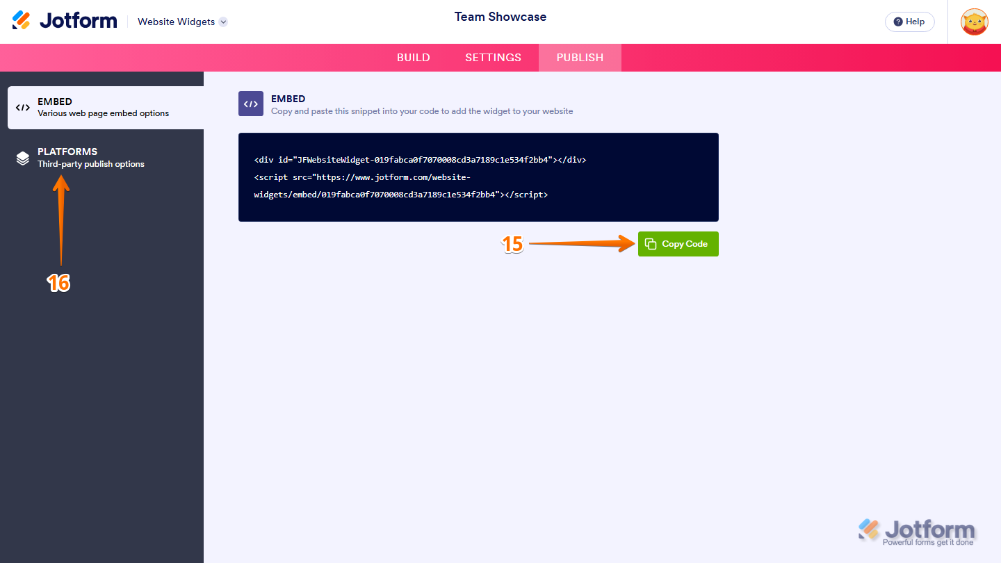Jotform Embed page displaying the Copy Code button for copying the published Team Showcase widget embed code and the Platforms option in the left-side menu for viewing platform-specific embedding instructions