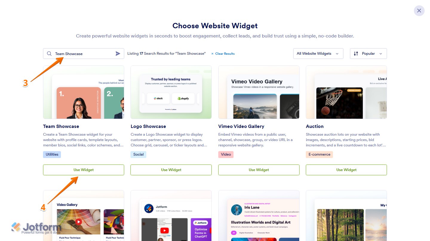 Jotform Choose Website Widget window with Team Showcase entered in the search bar and the Use Widget button visible on the Team Showcase widget card in the search results