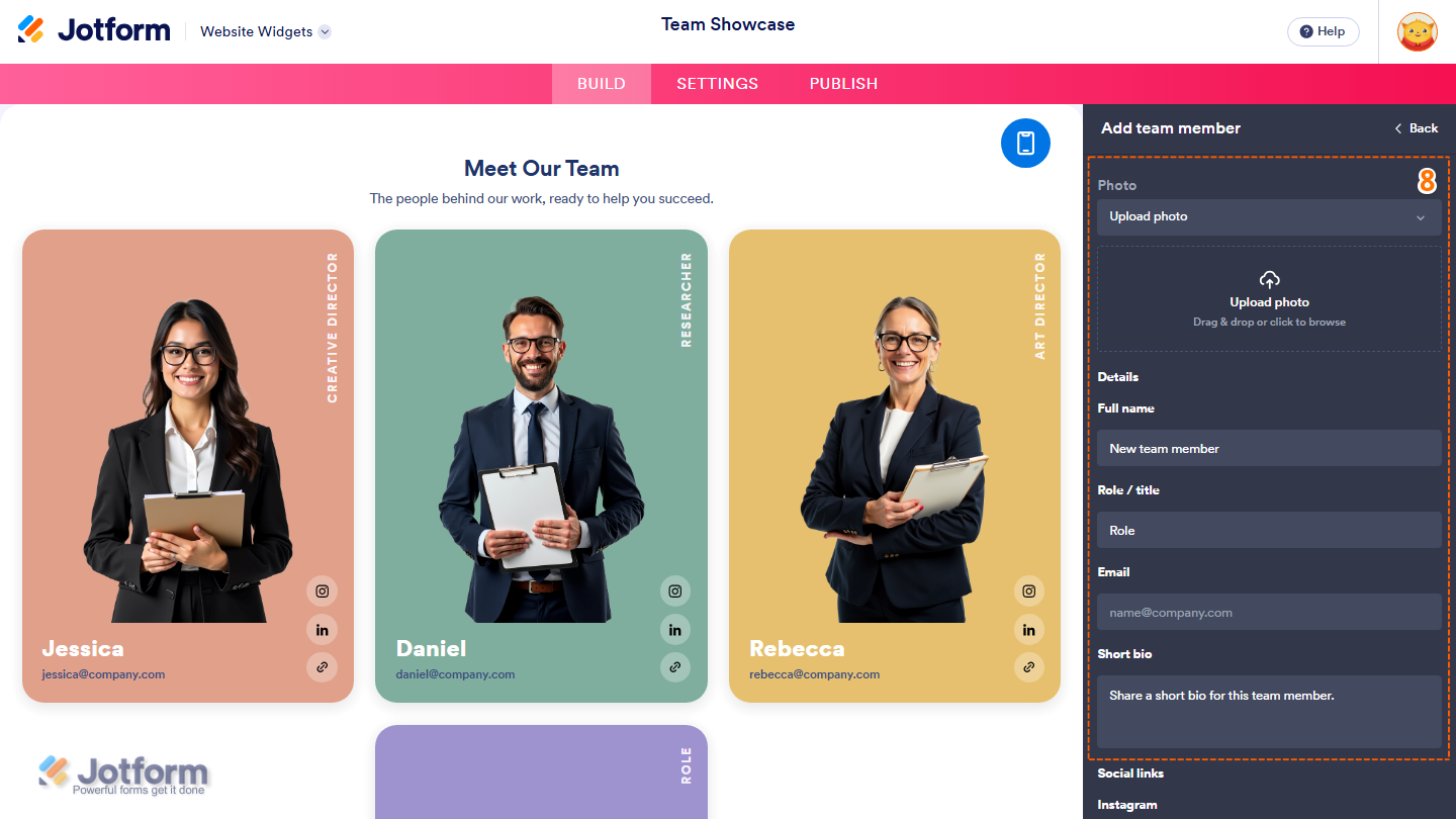 Jotform Website Widget Builder displaying the Add Team Member panel with Photo, Full Name, Role / Title, Email, and Short Bio fields for adding a team member to the Team Showcase widget