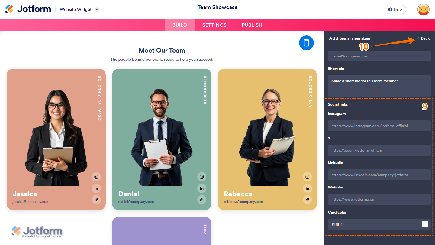 Jotform Website Widget Builder displaying the Add Team Member panel with Instagram, X, LinkedIn, Website, and Card Color settings, plus the Back button for returning to the Team Showcase widget properties