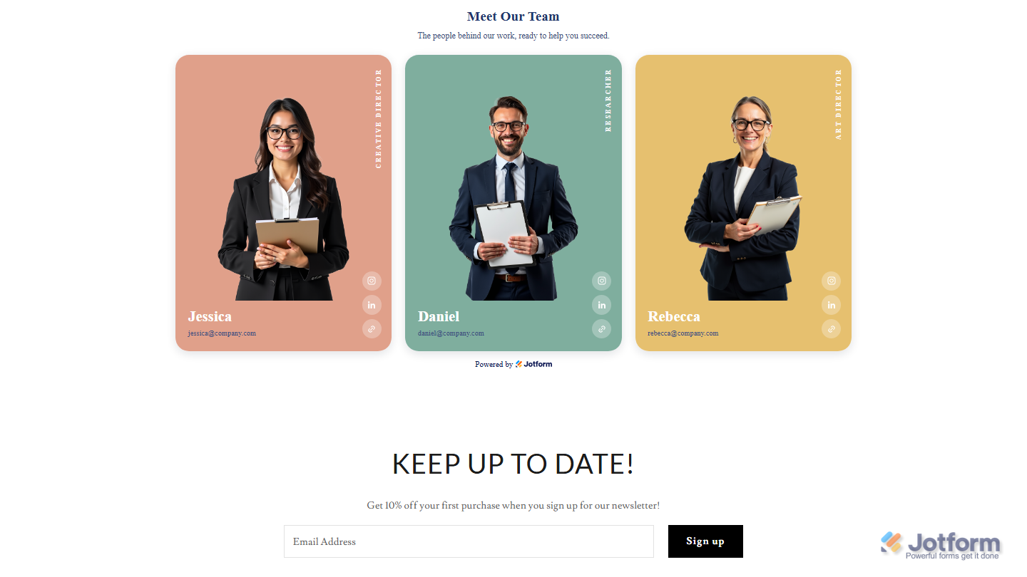 Embedded Team Showcase widget displayed on a website, showing customized team member cards with profile photos, names, roles, bios, and social links in the selected layout and style