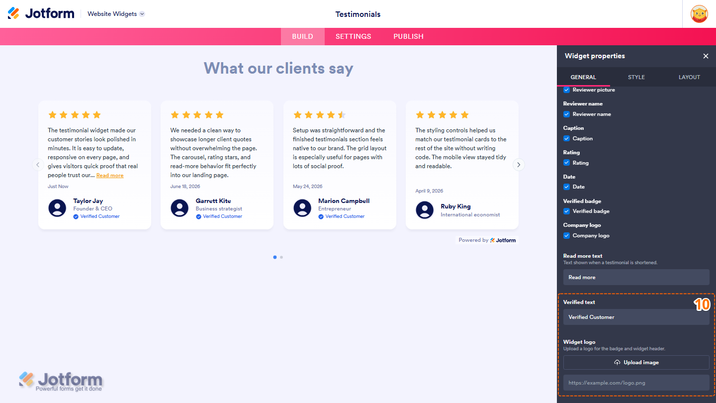 Jotform Website Widget Builder displaying the General tab with settings for Verified Text and Widget Logo, allowing users to customize the verified customer badge text and upload a logo for the Testimonials widget