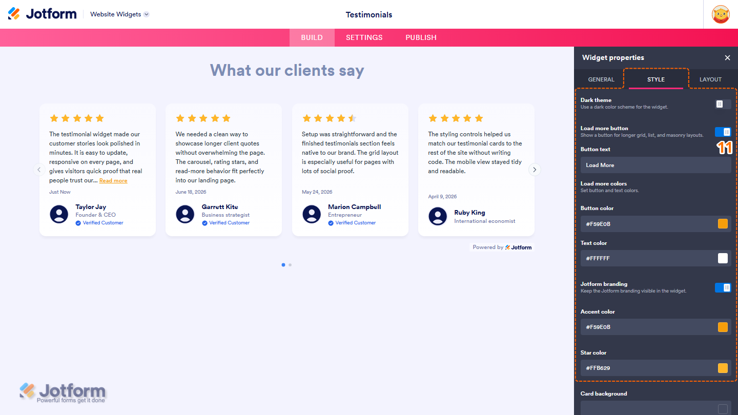 Jotform Website Widget Builder displaying the Style tab with customization options for Dark Theme, Load More Button, Button Text, Load More Colors, Jotform Branding, Accent Color, and Star Color to personalize the Testimonials widget