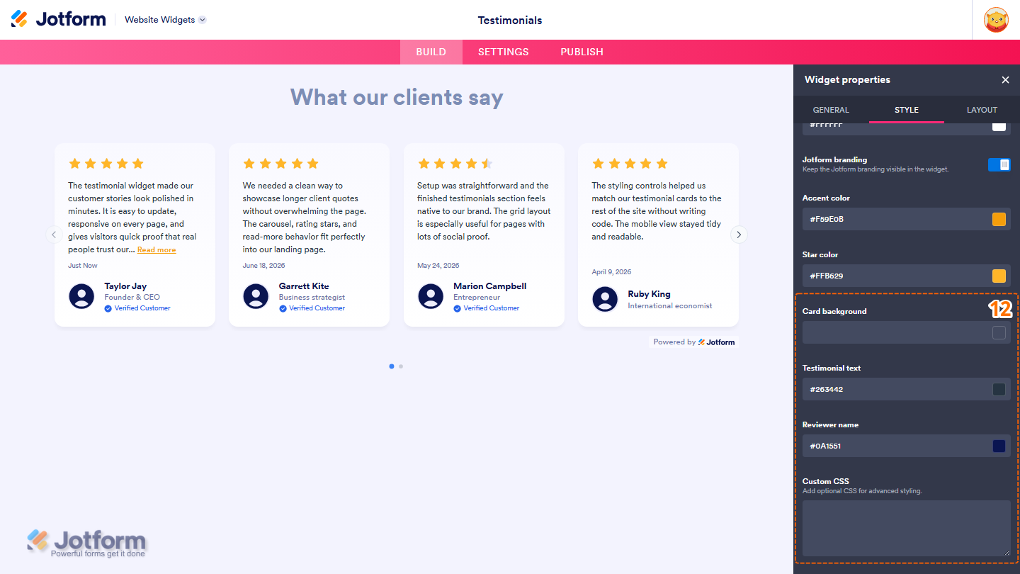 Jotform Website Widget Builder displaying the Style tab with customization options for Card Background, Testimonial Text, Reviewer Name, and Custom CSS to personalize the appearance of the Testimonials widget