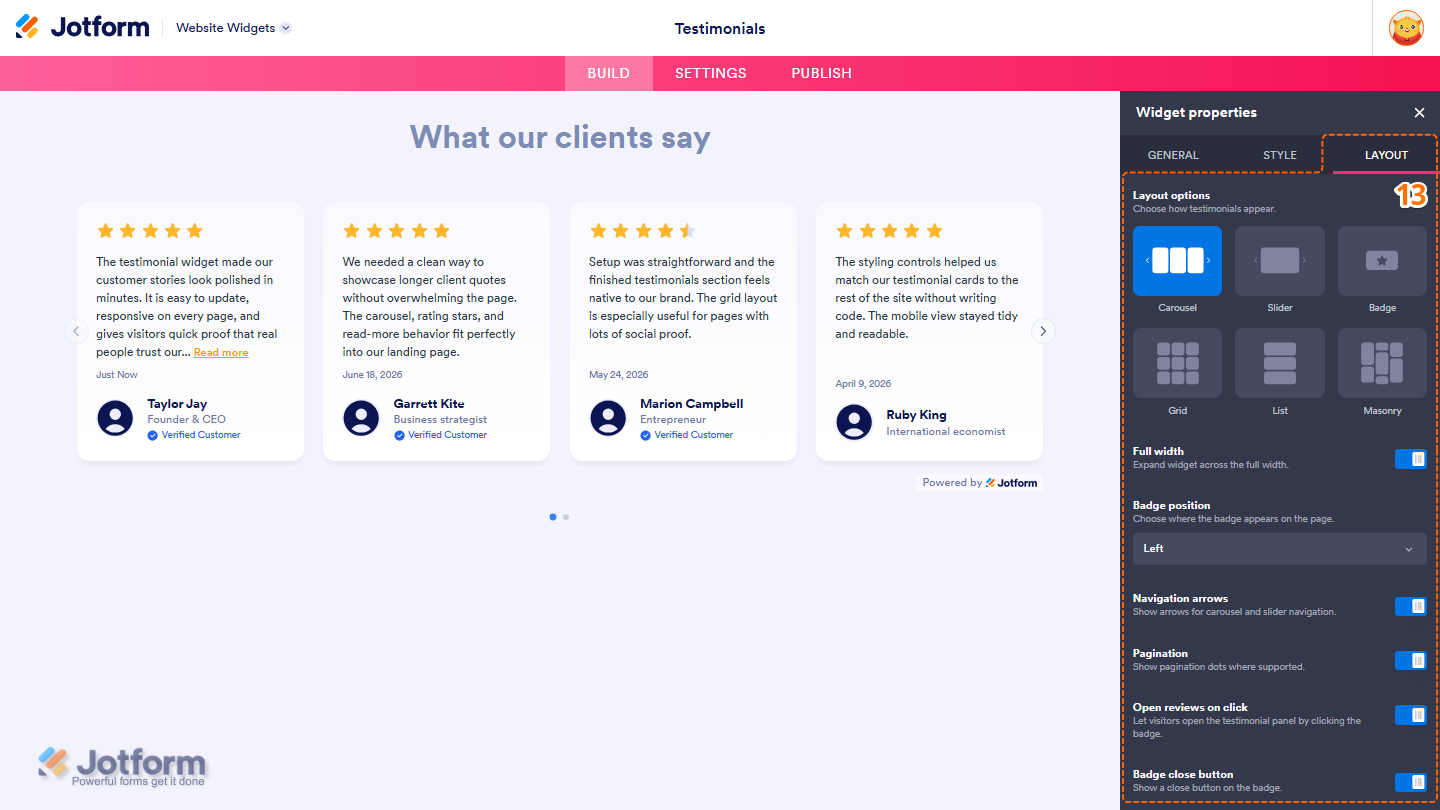 Jotform Website Widget Builder displaying the Layout tab with settings for Layout Options, Full Width, Badge Position, Navigation Arrows, Pagination, Open Reviews on Click, and Badge Close Button to customize the Testimonials widget layout and behavior