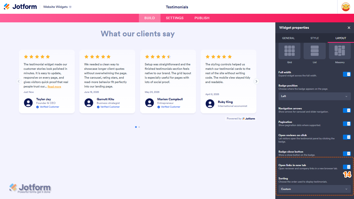 Jotform Website Widget Builder displaying the Layout tab with settings for Open Links in New Tab and Sorting, allowing users to control link behavior and the display order of testimonials