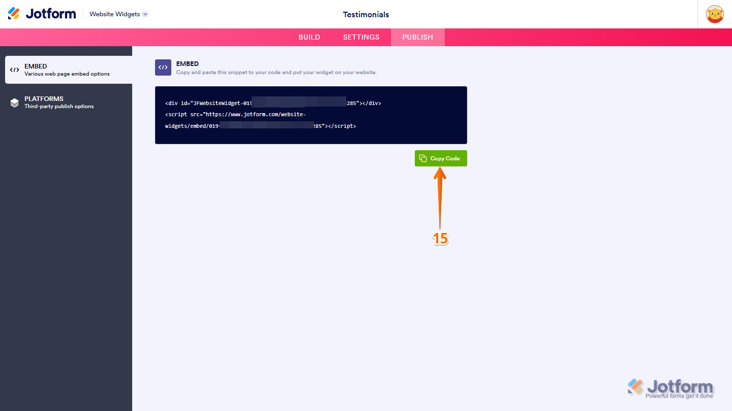 Jotform Website Widget Builder displaying the Embed section with the Copy Code button ready to copy the Testimonials widget embed code for use on a website