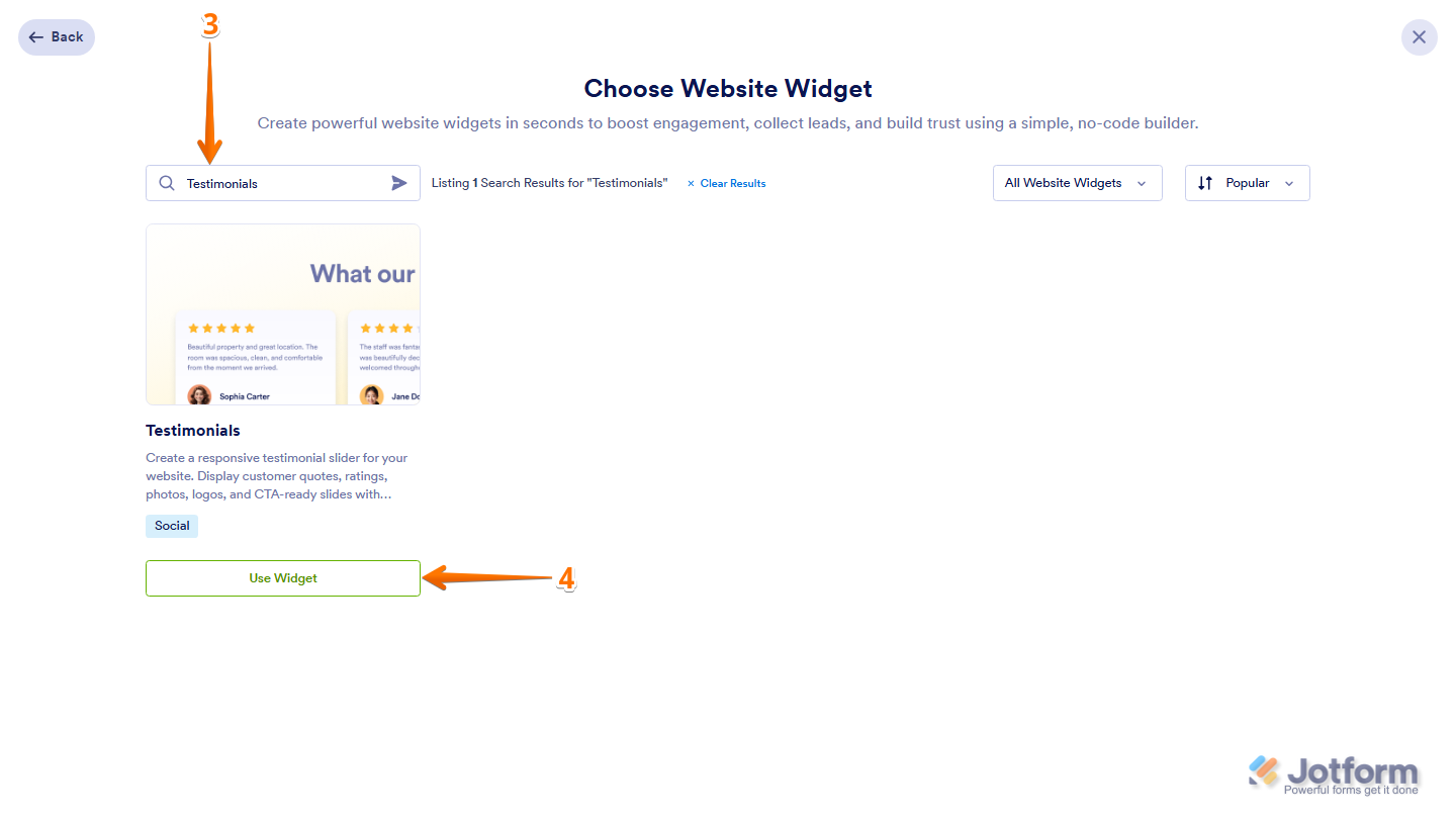 Jotform Choose Website Widget page displaying the Search bar with Testimonials entered and the Use Widget button selected from the search results to launch the Testimonials widget
