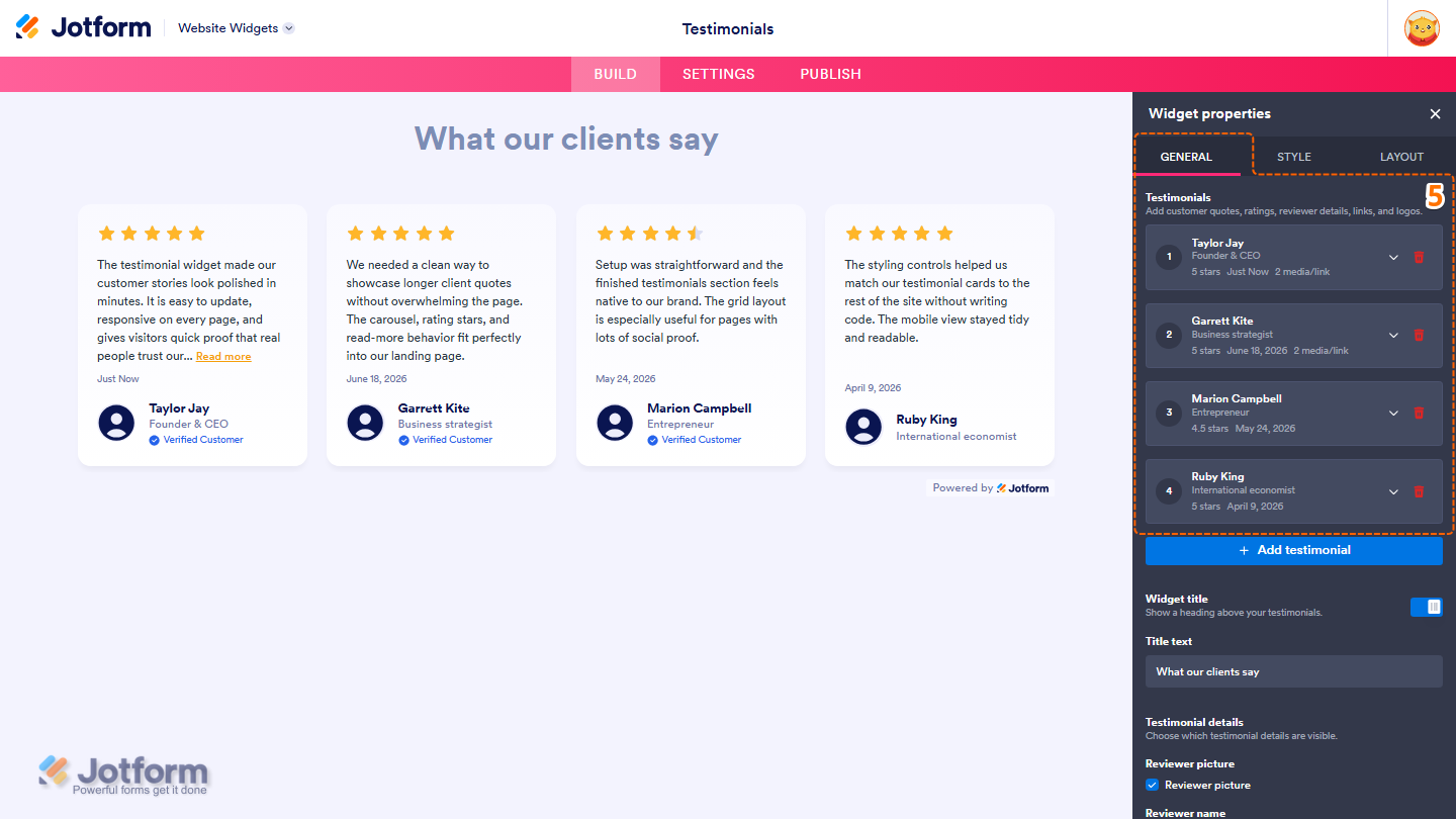 Jotform Website Widget Builder displaying the Widget Properties panel with sample testimonials preloaded, allowing users to edit, remove, or add testimonials to customize the Testimonials widget