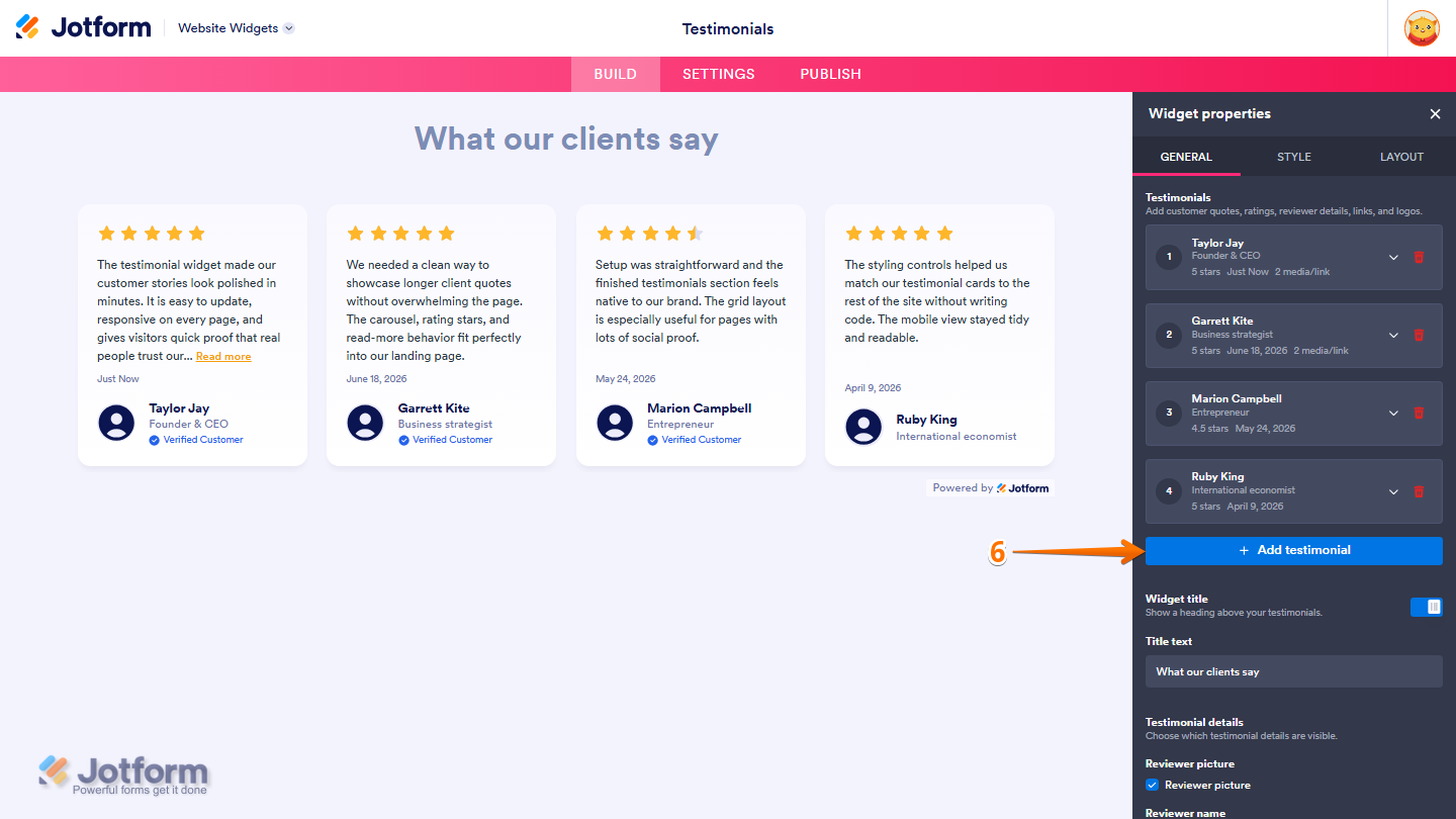Jotform Website Widget Builder displaying the Add Testimonial button in the Widget Properties panel, ready to add a new testimonial to the Testimonials widget