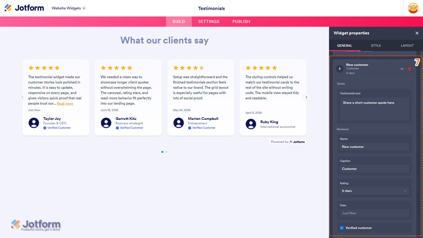 Jotform Website Widget Builder displaying a testimonial card with fields for Quote, Name, Caption, Rating, Date, and Verified Customer, allowing users to add and customize a new testimonial