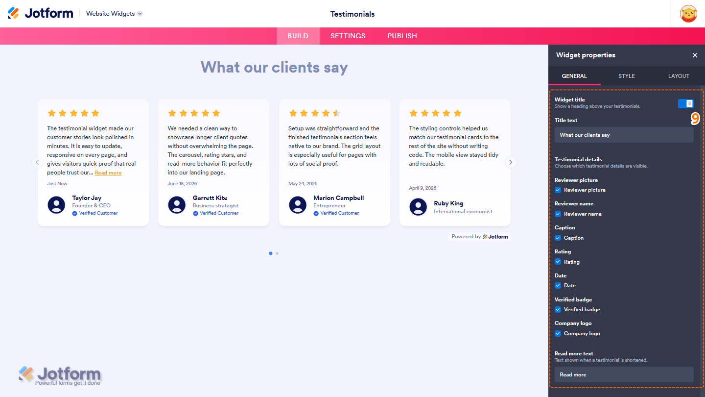 Jotform Website Widget Builder displaying the Widget Properties panel with display settings for Widget Title, Title Text, Reviewer Picture, Reviewer Name, Caption, Rating, Date, Verified Badge, Company Logo, and Read More Text to customize the Testimonials widget
